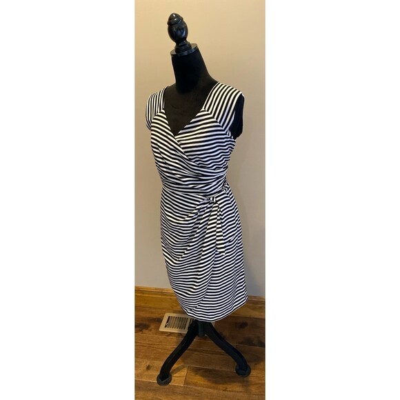 Worthington Dress Faux Wrap Size 12 Black White Stripes Fitted Lined Sleeveless - Picture 3 of 11